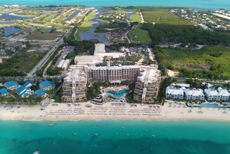 High up view of 7 mile beach condos including Ritz Carlton Residences, Cayman Islands